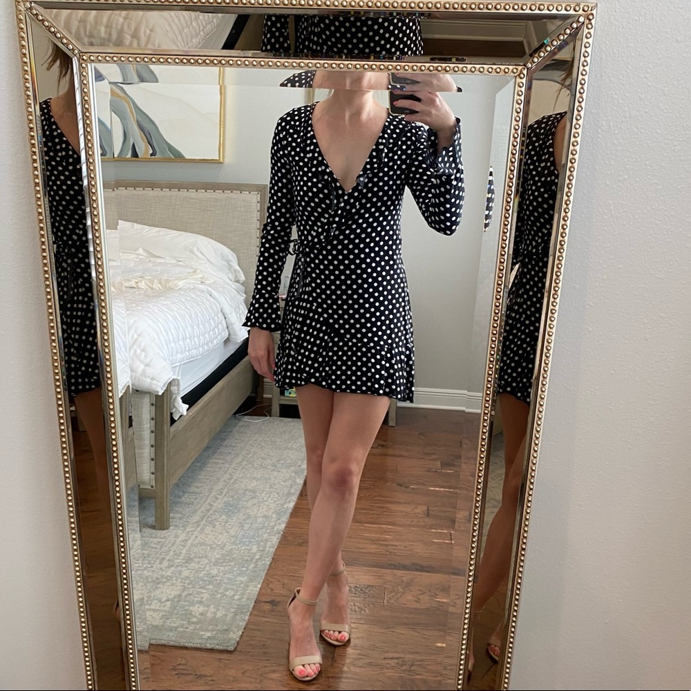 Black and white polka dot wrap dress